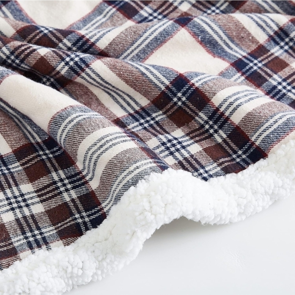 Eddie Bauer Sherpa & Brushed Fleece Edgewood Plaid Khaki Blanket. 50" x 60" New! - Picture 2 of 5